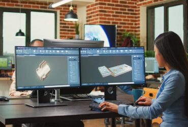 Engineering worker developing industrial component prototype on professional cad software, improving machine clamp. Asian graphic technician sketching 3D product or component, creative industry.