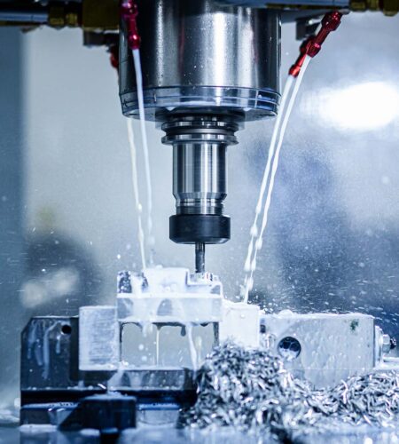 Close up of CNC machine cutting metal.